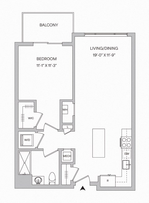 a floor plan of a 753 square foot 1bedroom 1 bath apartment with a balcony