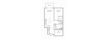 A floor plan of a 1 bedroom 1 bathroom apartmetn with 848 sqaure feet and a den and balcony
