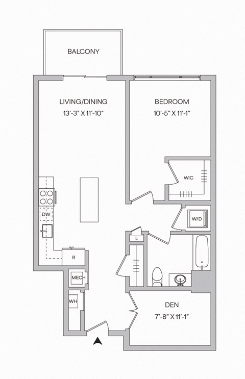 A floor plan of a 1 bedroom 1 bathroom apartmetn with 848 sqaure feet and a den and balcony