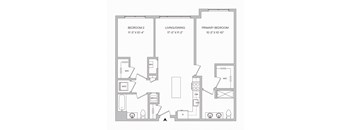 a floor plan of a 1,030 square foot apartment with 2 bedrooms and 2 bathrooms