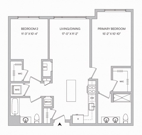 a floor plan of a 1,030 square foot apartment with 2 bedrooms and 2 bathrooms