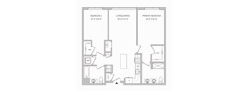 a floor plan of a 2 bedroom 2 bathroom apartment with 1,043 square feet