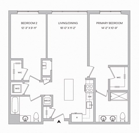 a floor plan of a 2 bedroom 2 bathroom apartment with 1,043 square feet