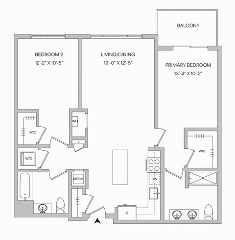 a floorplan of a 2 bedroom 2 bath apartment with a balcony