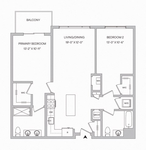 a floor plan of a 2 bedroom 2 bath apartment with 1,109 square feet and a balcony