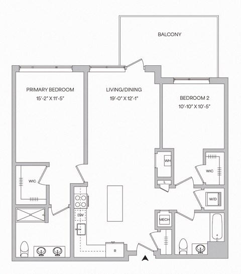 a floor plan of a 2 bedroom 2 bath apartment with 1,121 square feet and a balcony