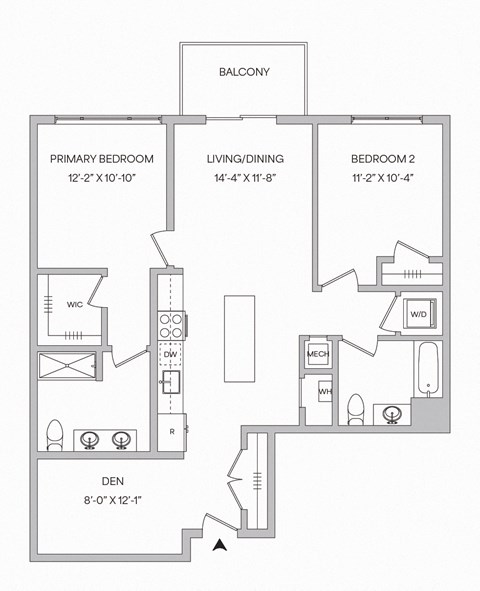a floor plan of a 2 bedroom 2 bath apartment with 1,123 sqaure feet and a den