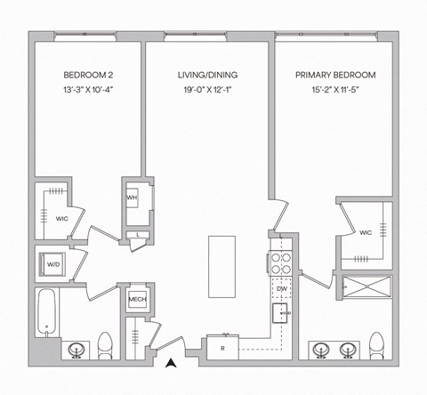 a floor plan of a 2 bedroom 2 bath apartment with 1,124 square feet
