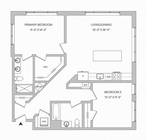 a floor plan of a 2 bedroom 2 bath apartment with 1,157 square feet