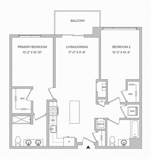 a floor plan of a 2 bedroom 2 bath apartment with 1,071 square feet and a balcony