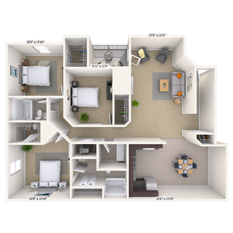 3 bed 2 bath A at Crosswinds Apartments, Mississippi