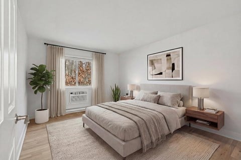A bedroom with a large bed and a plant on the side table.