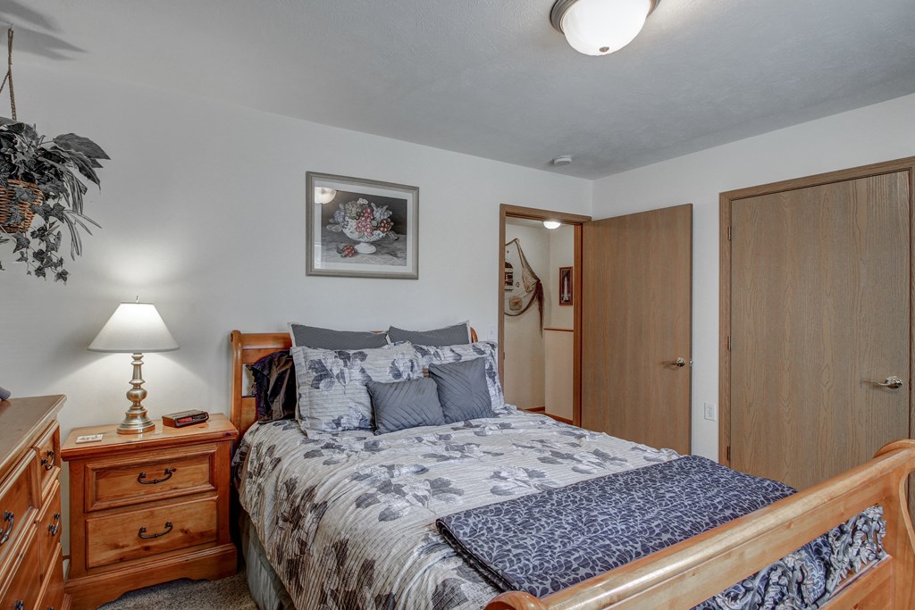 a bedroom with a bed and a dresser and a closet