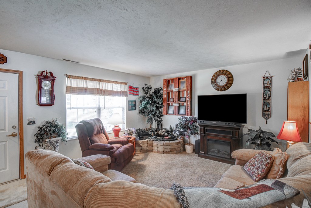 a living room with couches and a fireplace and a tv