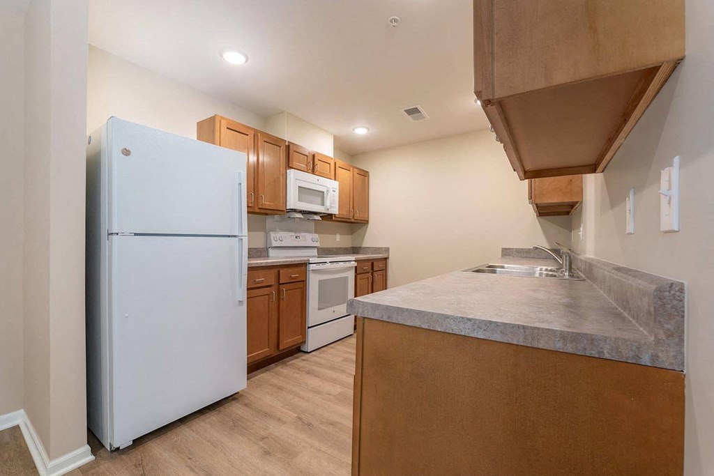 a kitchen with a refrigerator and a sink