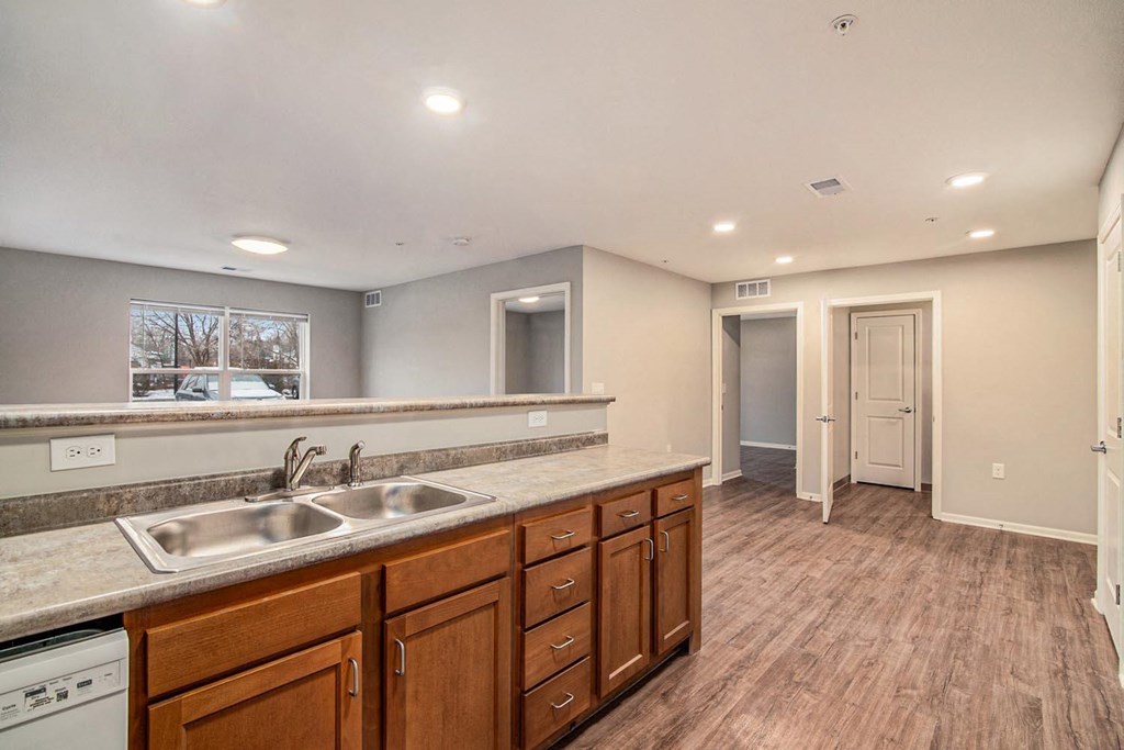 a kitchen with a sink and a counter top