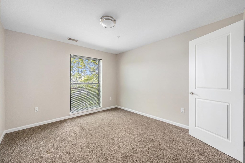 an empty room with carpet and a window