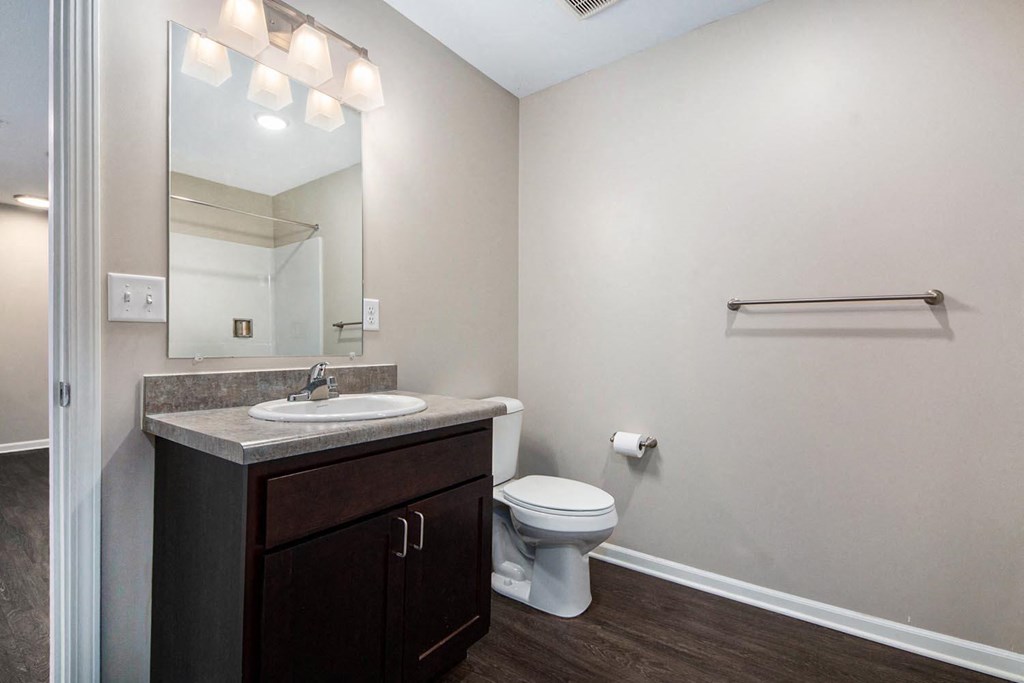 a bathroom with a sink toilet and a mirror