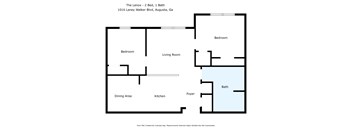 A floor plan for a 2 bedroom, 1 bathroom apartment.