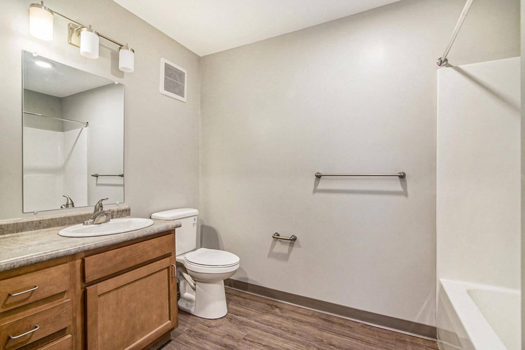 a bathroom with a sink toilet and a mirror