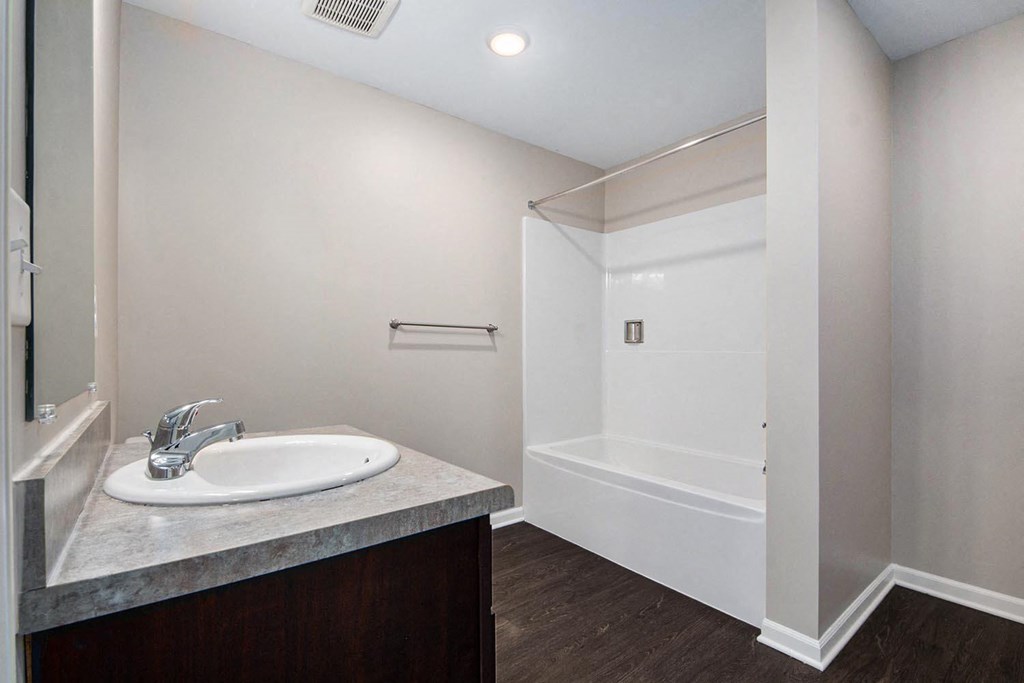 a bathroom with a sink and a shower and a mirror