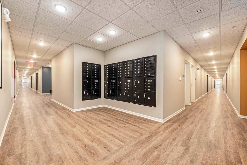 an empty room with a wooden floor and a wall with many mirrors