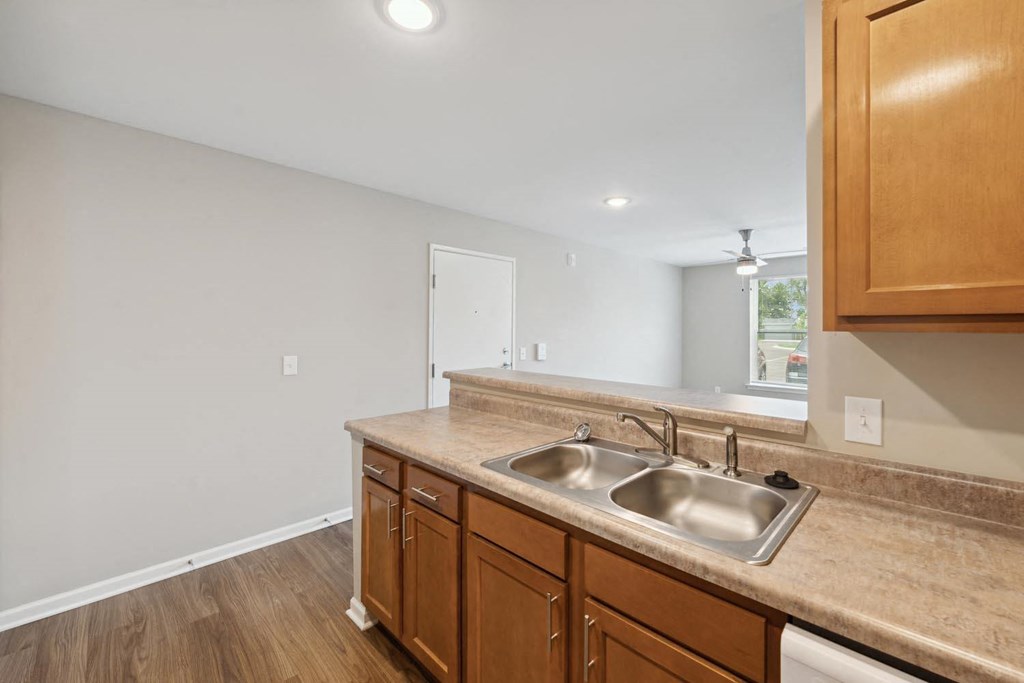 a kitchen with a sink and a window