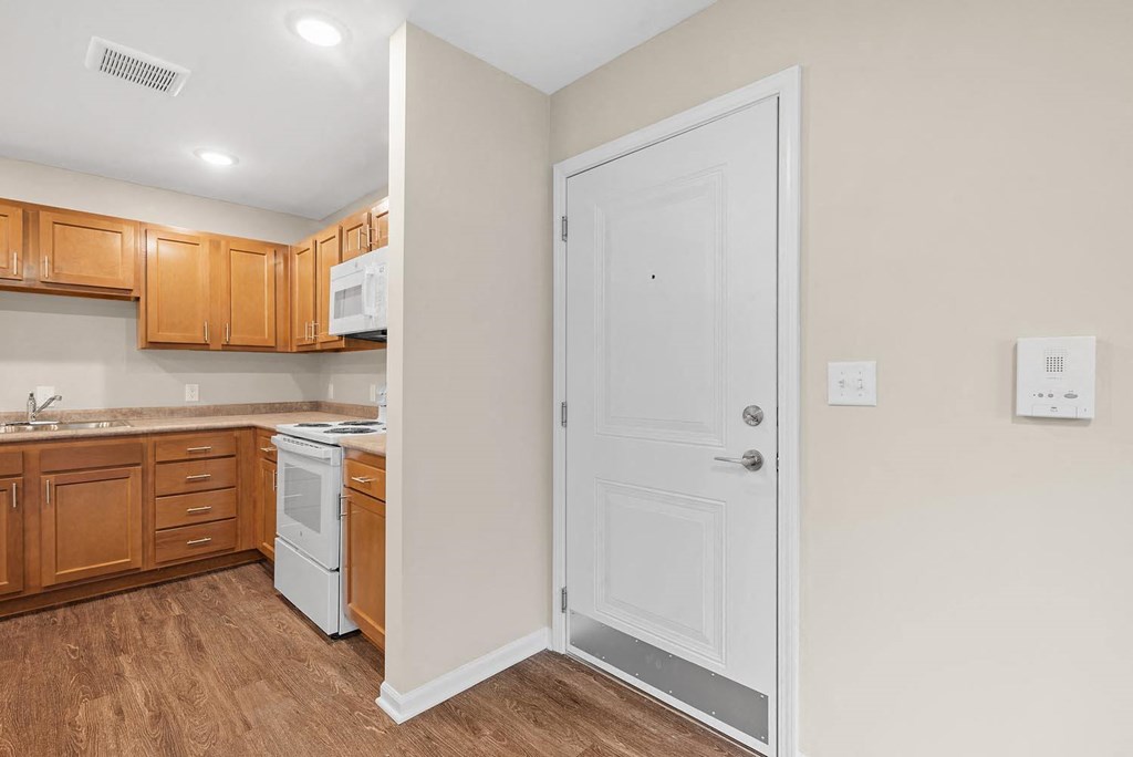 A kitchen with wooden cabinets and a white door.