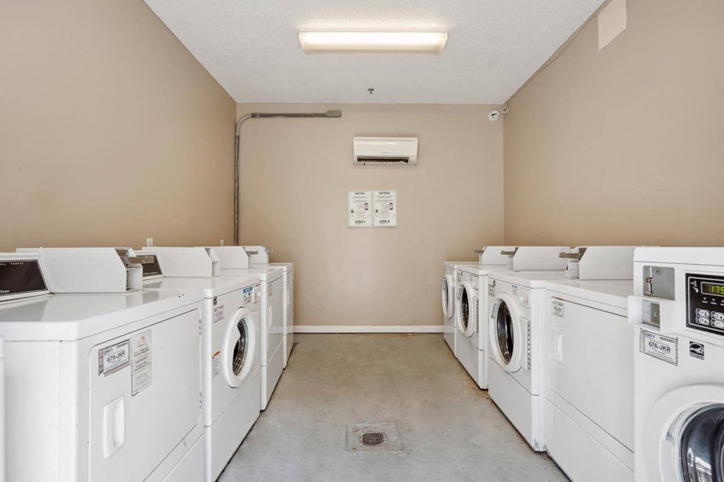 a washer and dryer room with lots of washing machines