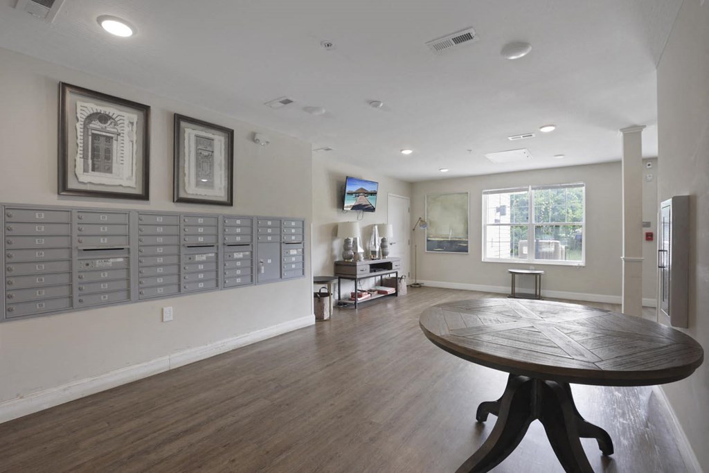 a conference room with a table and a window