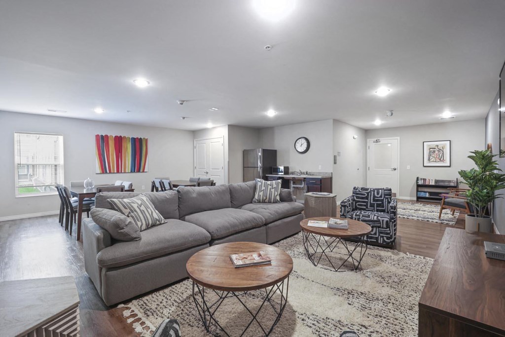 a living room with a couch and a table