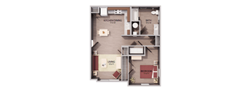 A floor plan of a small apartment with a living room, bedroom, kitchen/dining area, and bathroom.