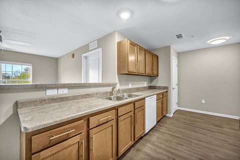 A kitchen with wooden cabinets and a marble countertop.