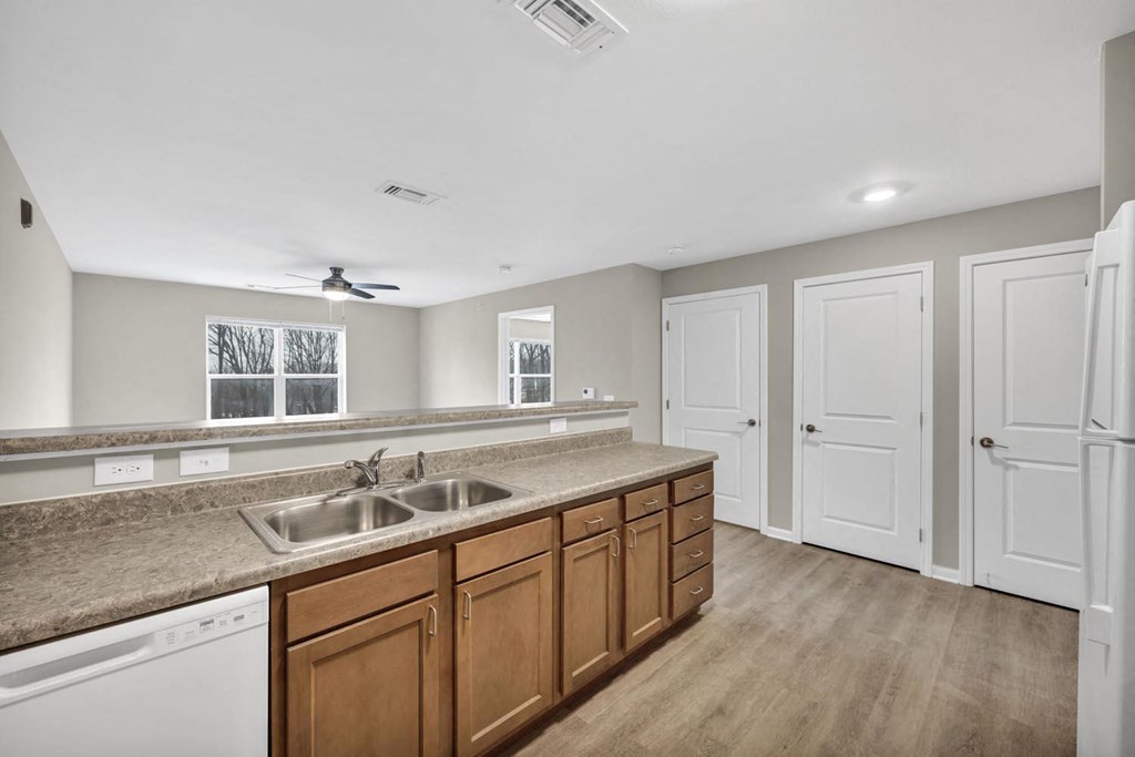a kitchen with a sink and a counter top