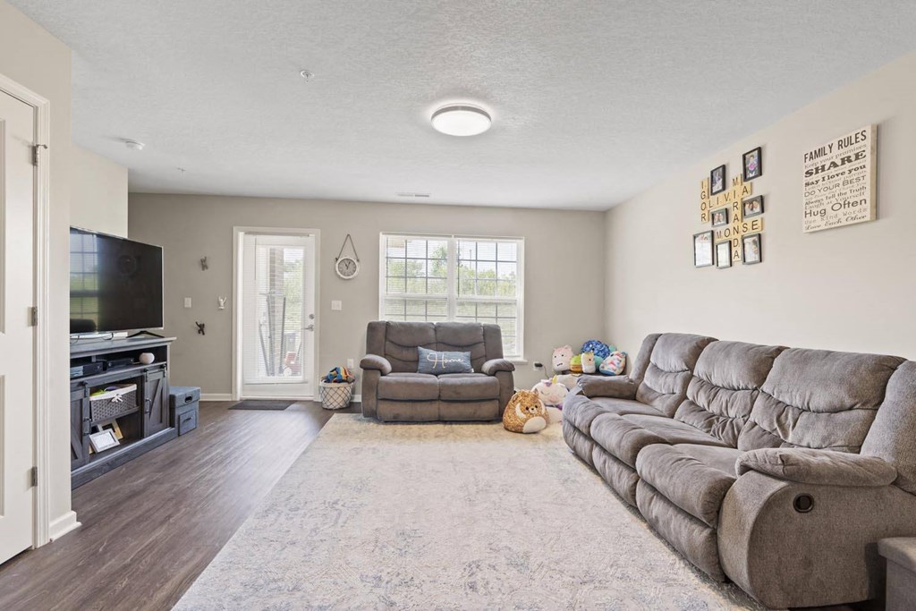 a living room with two couches and a tv