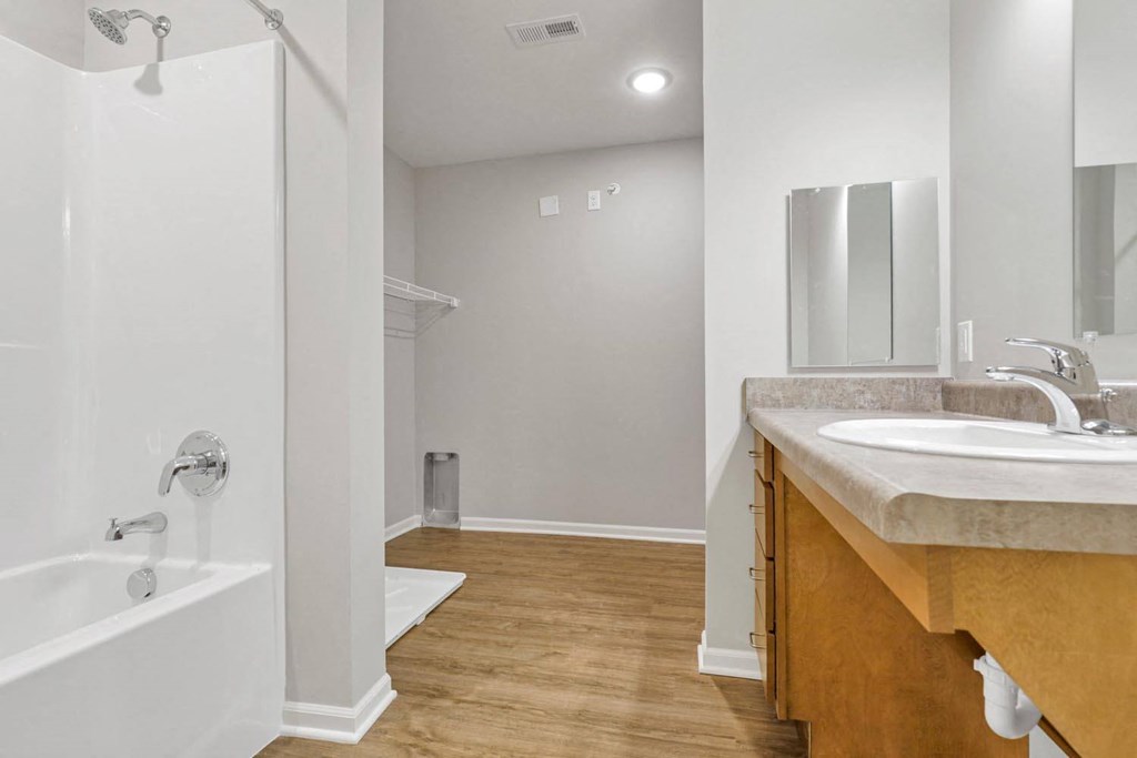 a bathroom with a tub and a sink and a mirror