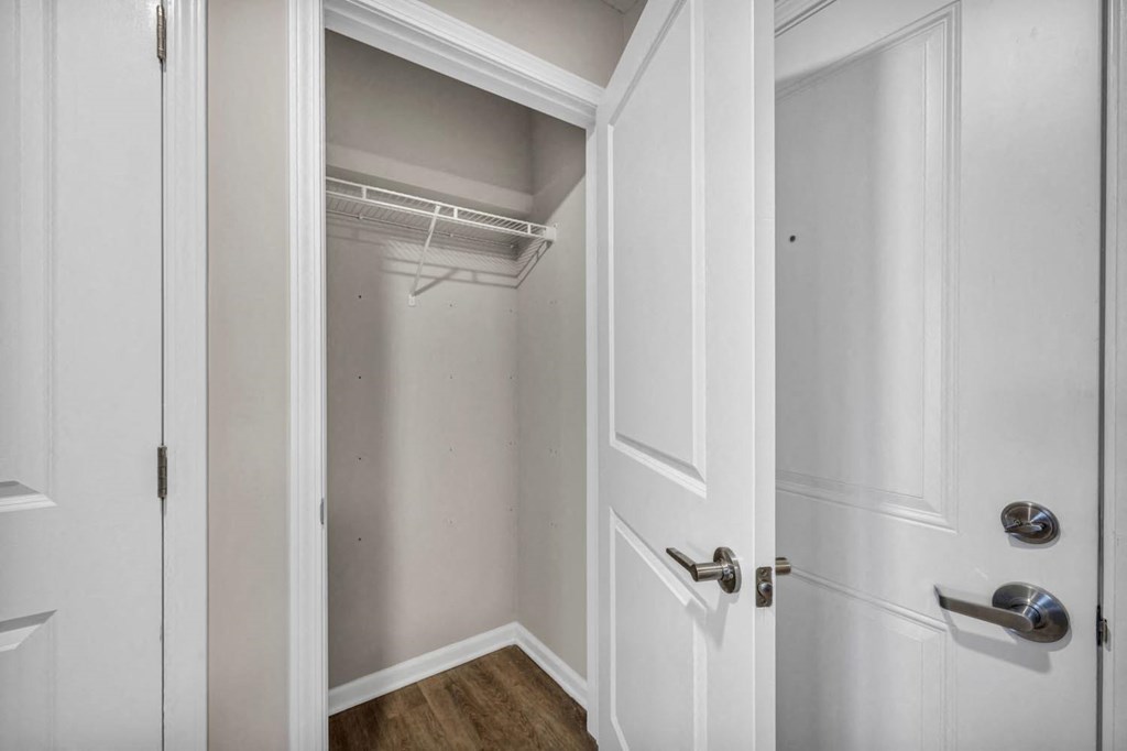 a closet in a bedroom with a door open to it