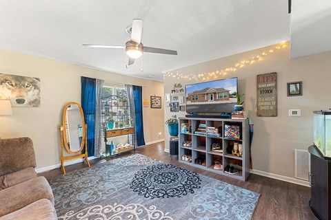 a living room with a couch and a ceiling fan
