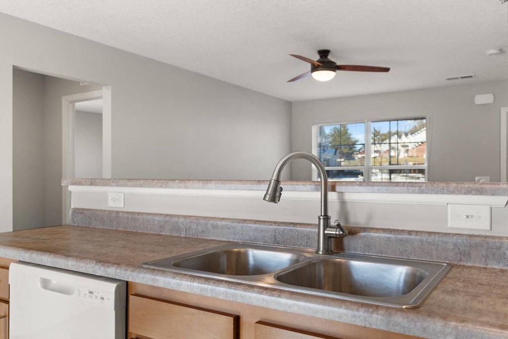 A kitchen with a stainless steel sink and a white dishwasher.