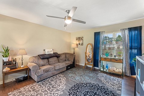 a living room with a couch and a ceiling fan