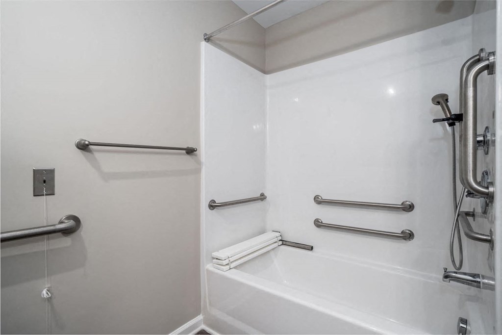 a white bathroom with a tub and a shower with grab bars