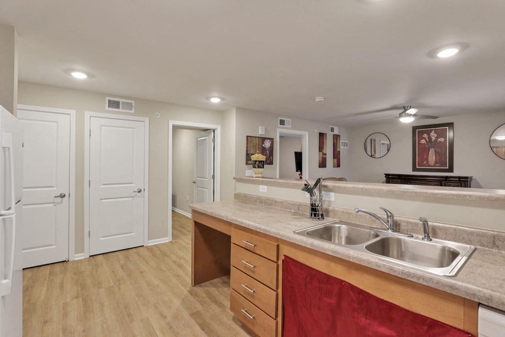 a kitchen with a sink and a door to a living room