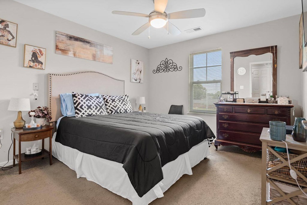 a bedroom with a bed and a dresser