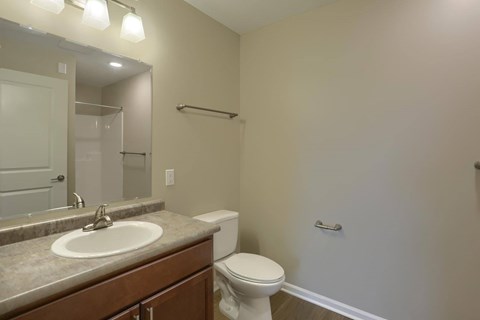 A bathroom with a toilet, sink, and mirror.