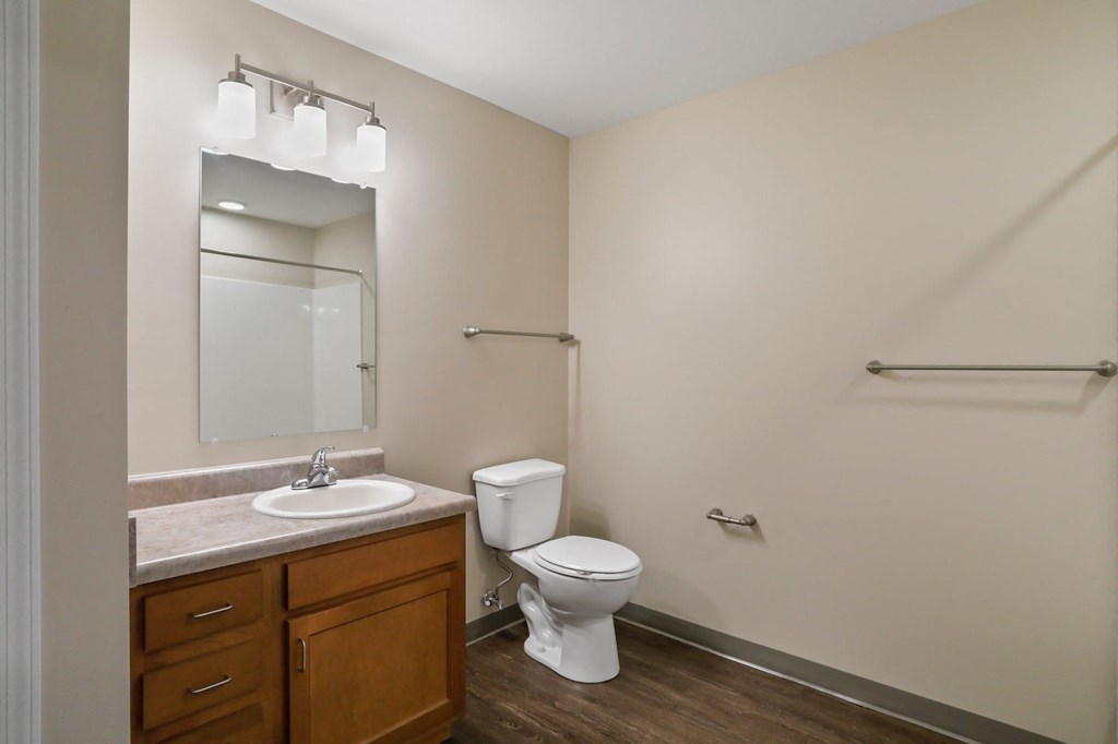 a bathroom with a toilet sink and mirror