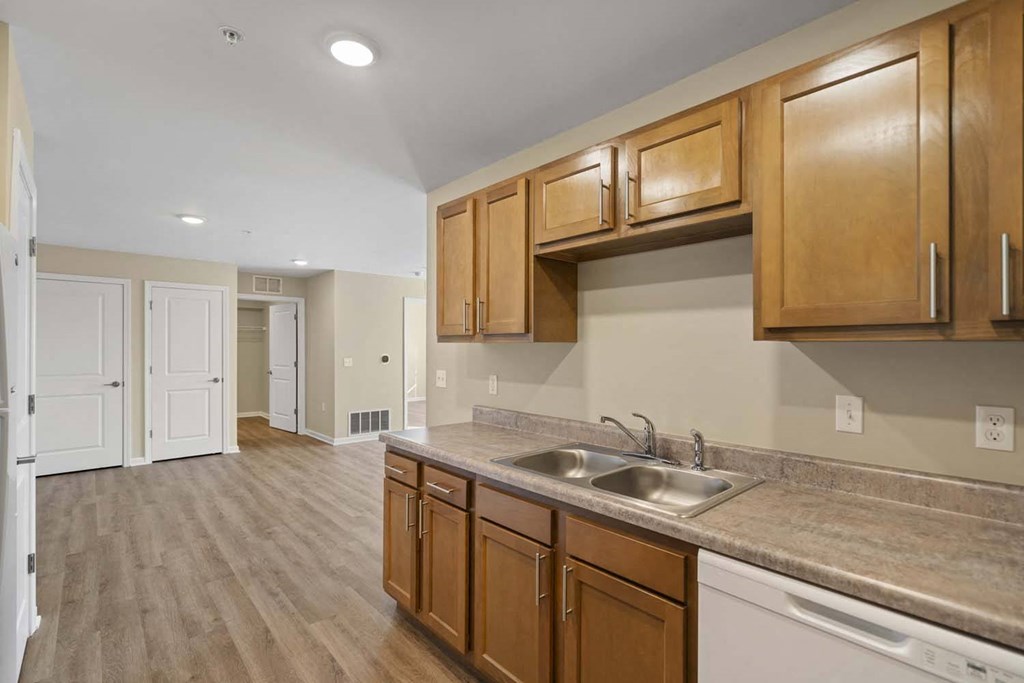 a kitchen with a sink and wooden cabinets