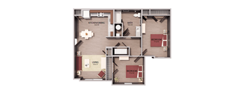 A floor plan of a house with a living room, kitchen, dining room, and two bedrooms.