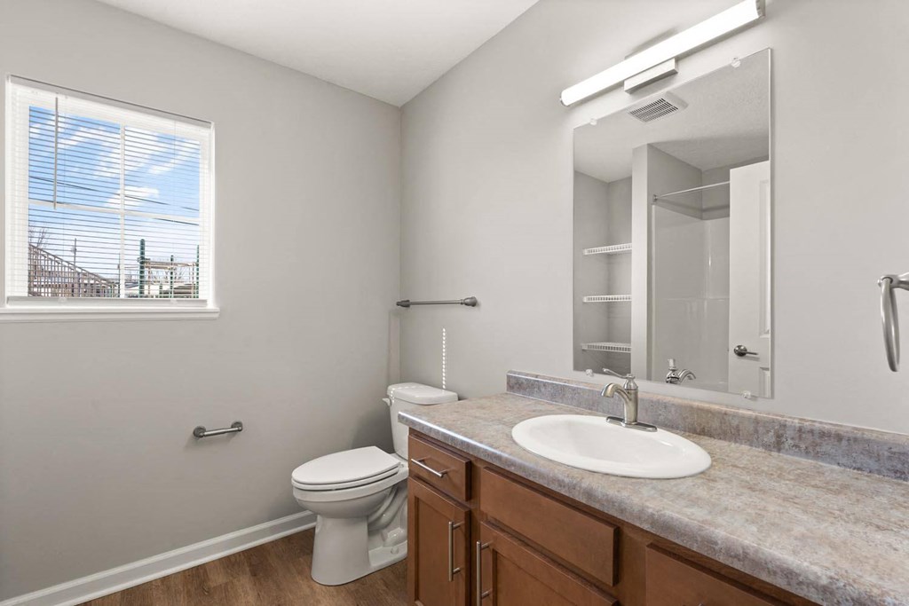 A bathroom with a toilet, sink, and mirror.