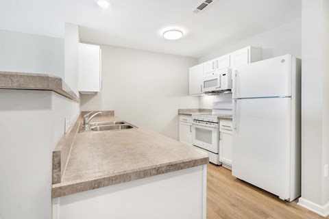 a kitchen with a sink and a refrigerator
