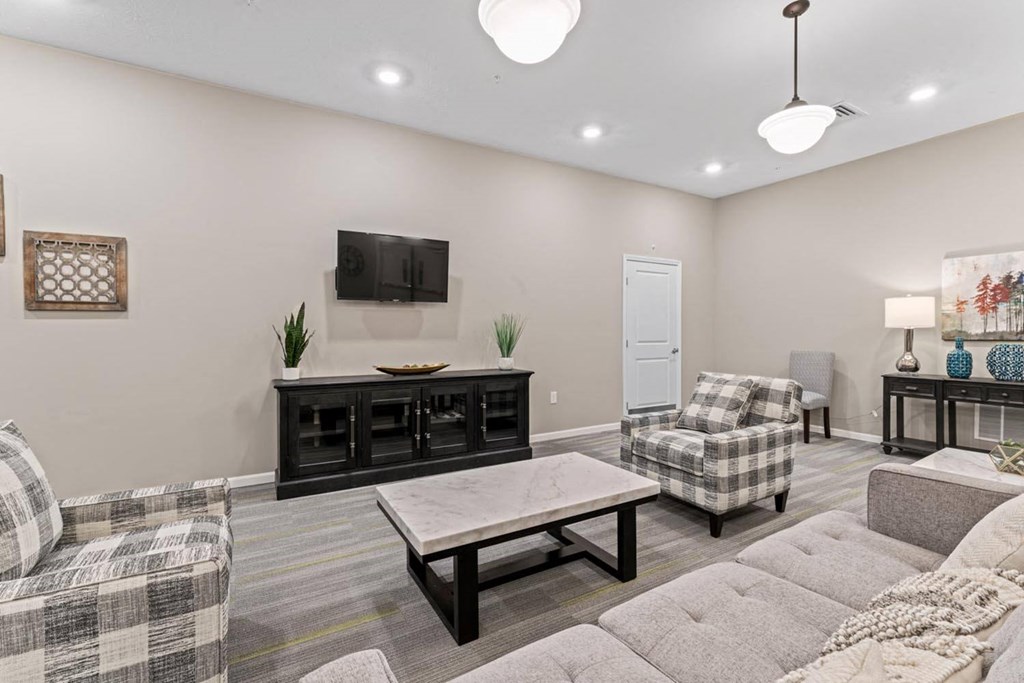 a living room with couches and a television